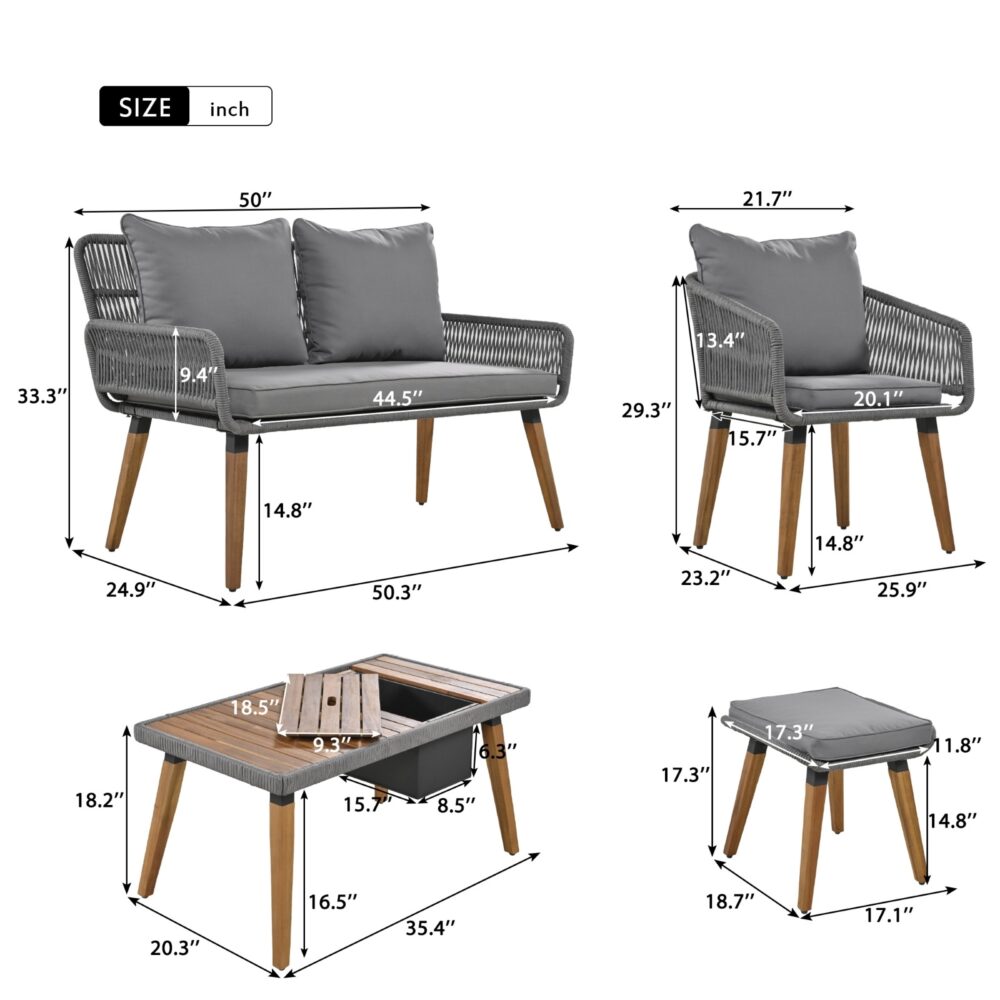 K&K 6-Piece Rope Patio Furniture Set, Outdoor Furniture With Acacia Wood Cool Bar Table With Ice Buc - Image 2