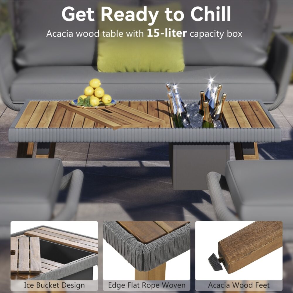 K&K 6-Piece Rope Patio Furniture Set, Outdoor Furniture With Acacia Wood Cool Bar Table With Ice Buc - Image 6