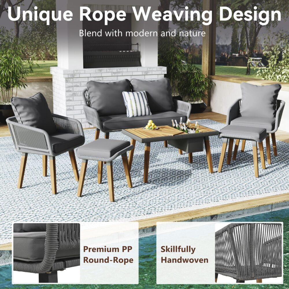 K&K 6-Piece Rope Patio Furniture Set, Outdoor Furniture With Acacia Wood Cool Bar Table With Ice Buc - Image 4