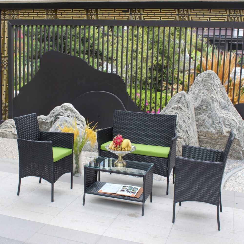 4PC Rattan Patio Furniture Set Outdoor Wicker Sofa W  Green Cushions - Image 2