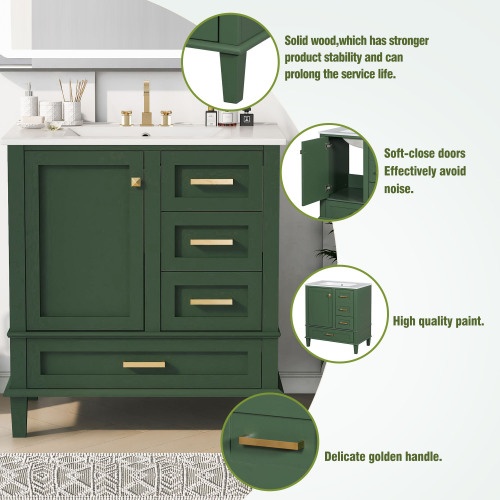 thumbnail image 2 of 30" Bathroom Vanity With 3 Drawers And 1 Cabinet, Modern Bathroom Cabinet With Sink Combo Set Solid Wood Frame Bathroom Storage Cabinet Soft Closing Door Grey 2 of 12