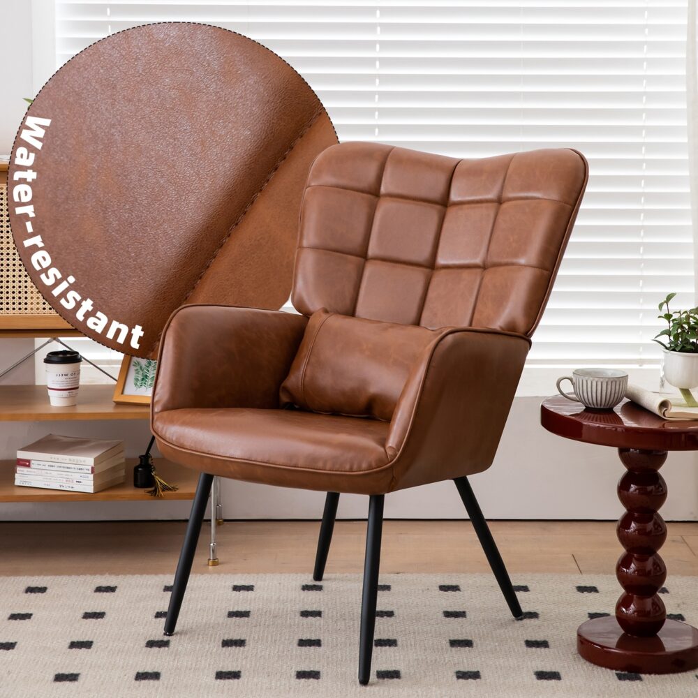 Bonded Leather Armchair, Modern High Back Accent Chair With Metal Legs - Image 2