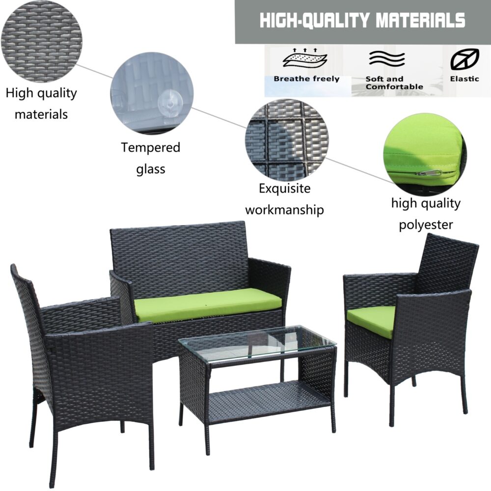 4PC Rattan Patio Furniture Set Outdoor Wicker Sofa W  Green Cushions - Image 3